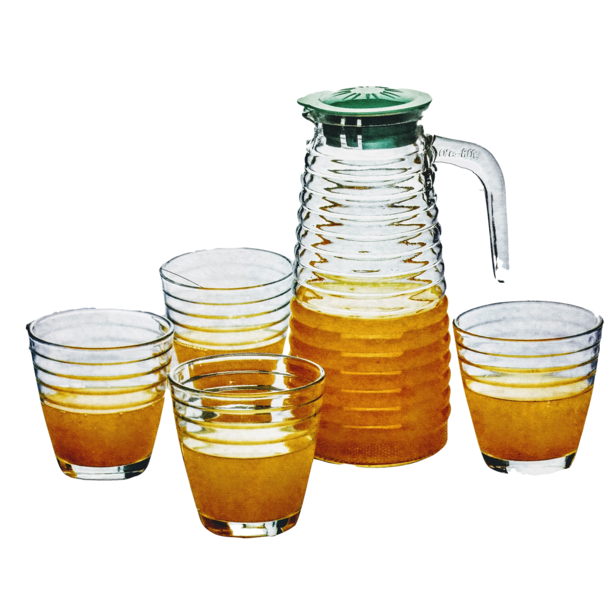 JARRA DE VIDRIO CON TAPAS Y 4 VASOS
