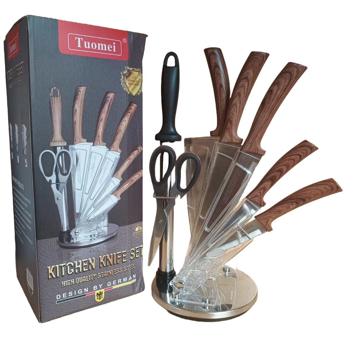 CUCHILLOS DE ACERO INOXIDABLE CON SOPORTE Y MANGO ESTAMPADO MADERA