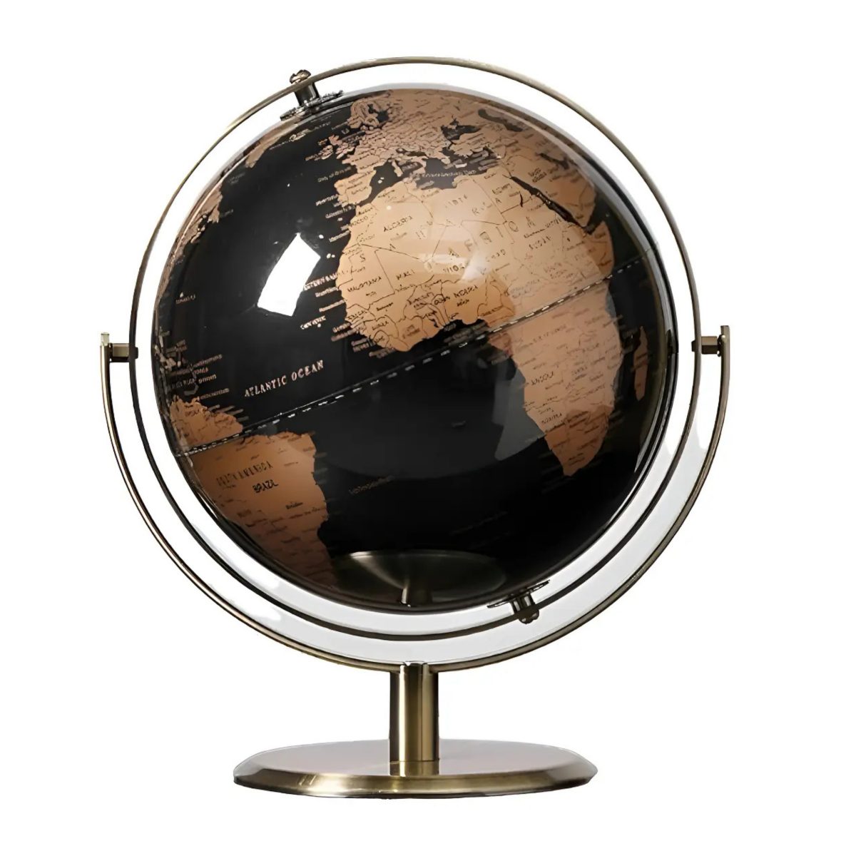 GLOBO TERRAQUEO SOPORTE METALICO PLATEADO Y DORADO GIRO 360°