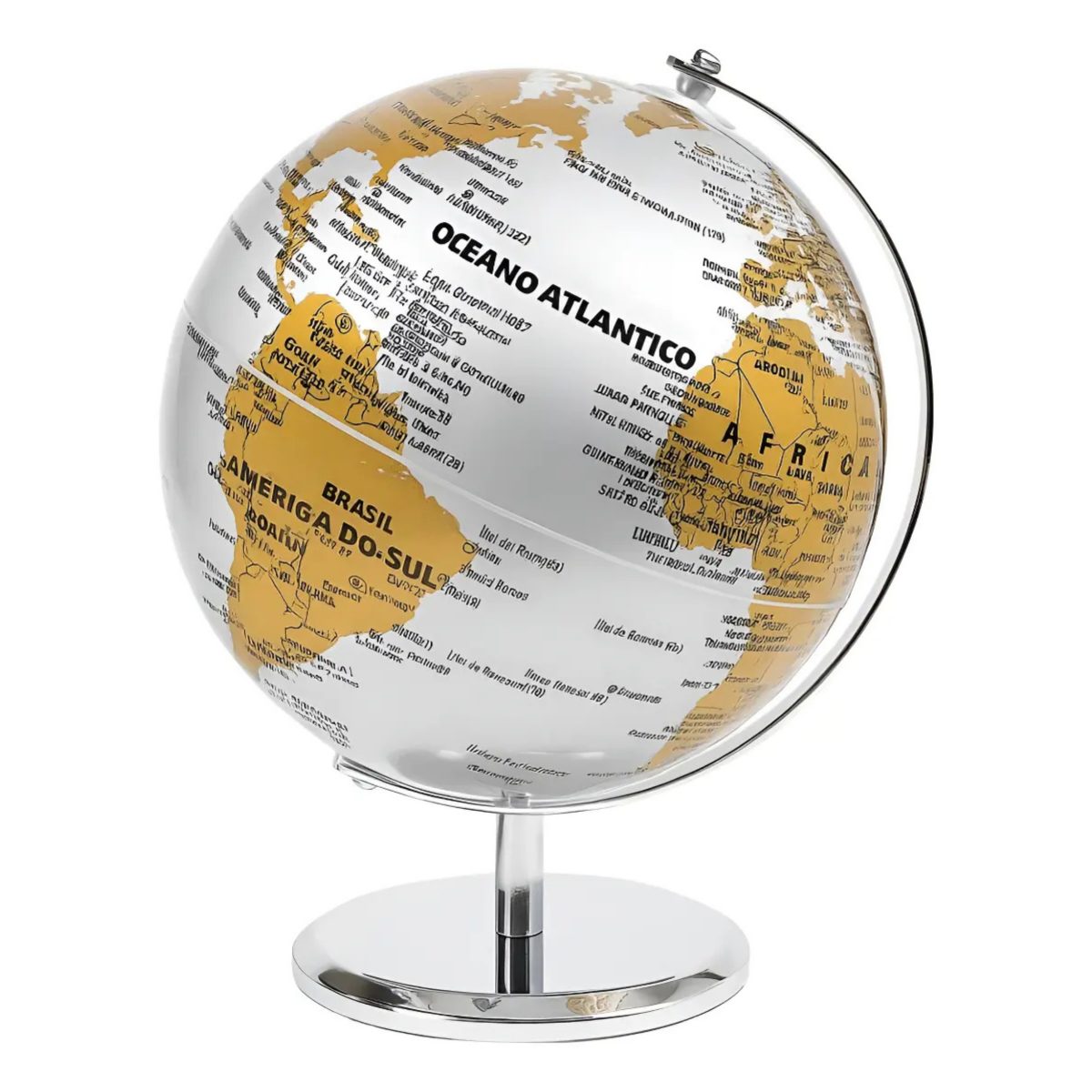 GLOBO TERRAQUEO SOPORTE METALICO PLATEADO Y DORADO