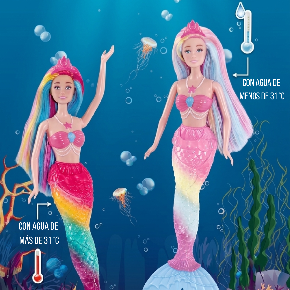 MUÑECA SIRENA MÁGICA CON COLA COLORIDA - Imagen 3